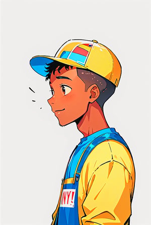 (profile:1.2), masterpiece, center composition, cartoon, comic, colored_skin, flat color, 1_black_boy_smiling_wearing_a_cap_looking_up_thinking, facing_viewer, full-body_potrait, transparent_background, Flat vector art, cinematic shot,Vector illustration