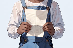 masterpiece, best quality, highres, source_anime, POV (point of view), looking on hands, close up shot, volumetric lighting, as an African man, colored_skin, wearing white long sleeves shirt, blue overalls, hand holding a paper, Detailed clothing folds, (transparent_background), (Anime:0.8), (Cartoon:1.4),vector