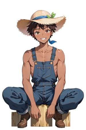 masterpiece, best quality, highres, source_anime, front view shot, volumetric lighting, African man, colored_skin, overalls, farmer, brown hat, sitting, character emotive, smiling, genuine expression, Detailed clothing folds, dynamic pose. transparent_background, (Anime:1.4),vector, (low quality:1.4)