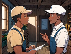extreme wide shot, cinematic shot, (wide angle), side view, (flat_color,anime,black_outlines:1.2), best quality, detailed face, highres, volumetric lighting, cartoon, comic, colored_skin, flat color, Flat vector art,Vector illustration, inside a house, 2 black man, farmer, mailman, cap, talking each other, looking each other, subtle smile, CS-OBG