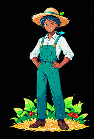 score_9, score_7_up, best quality, highres, source_anime, center composition, cartoon, comic, colored_skin, flat color, 1_adult_black_man_smiling_wearing_as_a_farmer_wearing_a_hat_looking_at_the_viewer, hands_on_hips, A-pose, facing_viewer, full-body_portrait, transparent_background, Flat vector art,Vector illustration