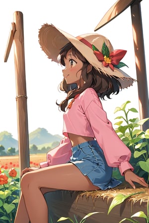 masterpiece, best quality, highres, source_anime, full_body shot, side view shot, Eye-Level Angle, volumetric lighting, African woman, flat chest, colored_skin, pink long sleeves shirt, farmer, light brown hat, (looking away), sitting, one hand raised, smiling, engaging expression, Detailed clothing folds, dynamic pose, transparent_background, (Anime:1.4),vector