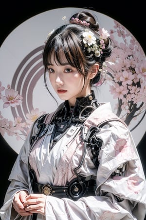 visually striking blend of traditional Japanese aesthetics with futuristic elements. The central figure is a robot with a humanoid appearance, specifically designed to resemble a female figure wearing a kimono. The robot's head is adorned with a traditional Japanese hairstyle, often associated with a geisha, including a shimada-style bun and kanzashi hairpins.

The robot's face is featureless and smooth, with a pale pink hue that matches the color scheme of the kimono. The neck reveals mechanical components, suggesting advanced robotics technology. The kimono itself is beautifully detailed, with patterns of flowers that echo the surrounding blooms, and it includes shades of pink, white, and purple, with black and dark pink accents on the collar and edges.

The background is filled with a dense array of pink flowers, likely chrysanthemums, which create a harmonious and lush backdrop that complements the robot's attire. The overall effect is a striking juxtaposition of the organic beauty of traditional Japanese floral motifs with the sleek, modern lines of robotic design. The image seems to explore themes of tradition versus modernity, nature versus technology, and the evolving definitions of beauty and identity,futubot 