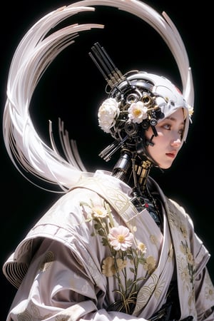 visually striking blend of traditional Japanese aesthetics with futuristic elements. The central figure is a golden robot with a humanoid appearance, specifically designed to resemble a female figure wearing a kimono. The robot's head is adorned with a traditional Japanese hairstyle, often associated with a geisha, including a shimada-style bun and kanzashi hairpins.

The robot's face is featureless and smooth, with a pale pink hue that matches the color scheme of the kimono. The neck reveals golden mechanical components, suggesting advanced robotics technology. The kimono itself is beautifully detailed, with patterns of flowers that echo the surrounding blooms, and it includes shades of pink, white, and purple, with black and dark pink accents on the collar and edges.

The background is filled with a dense array of pink flowers, likely chrysanthemums, which create a harmonious and lush backdrop that complements the robot's attire. The overall effect is a striking juxtaposition of the organic beauty of traditional Japanese floral motifs with the sleek, modern lines of robotic design. The image seems to explore themes of tradition versus modernity, nature versus technology, and the evolving definitions of beauty and identity,futubot 