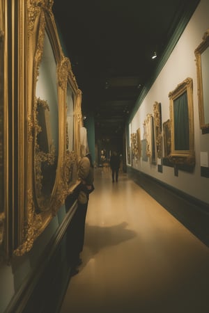 A young woman in a beige jacket stands in an art gallery, gazing upwards at a painting. She is surrounded by ornate gold frames and dark green walls.  also observing the art.  The image has a contemplative and introspective mood, with soft lighting and a vintage aesthetic.
