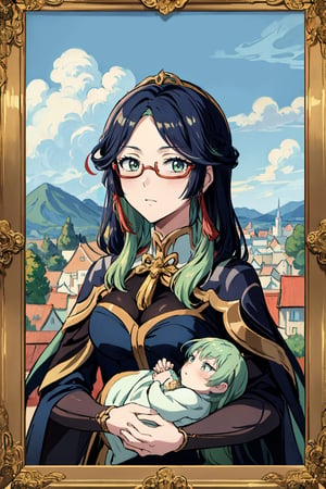masterpiece, 1 girl, best quality, oil painting style, golden frame, monalisa pose, japanese style, merge with Vincent van Gogh style, mother marry holding baby jesus,xianyun , glasses , megane 
