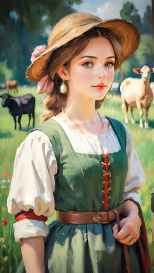 A shepherdess, in the style of the Renaissance, exuding elegance amidst pastoral beauty. (masterpiece, top quality, best quality, official art, beautiful and aesthetic:1.2), (1girl:1.4), portrait, extreme detailed, highest detailed, simple background, 16k, high resolution, perfect dynamic composition, bokeh, (sharp focus:1.2), super wide angle, high angle, high color contrast, medium shot, depth of field, blurry background,impressionist painting