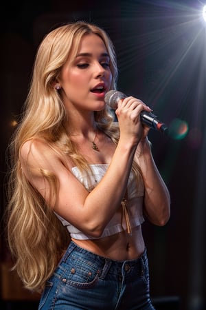 glamour photography of a stunning beautiful young woman, aged 25,long blonde hair, wearing blouse and jeans, singing with a microphone in her hand, (upper body:1.2), on a stage with an outstanding sparkling background, dramatic rim lighting, (shot from a dutch angle:1.5)
