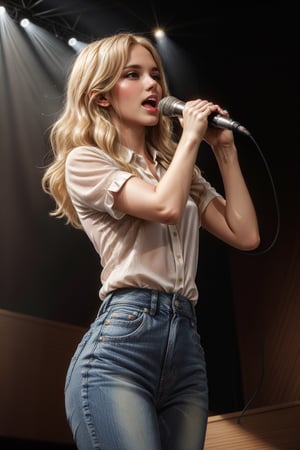 glamour photography of a stunning beautiful woman, aged 35,long blonde hair, wearing blouse and jeans, singing with a microphone in her hand, (upper body:1.2), on a stage with an outstanding background, dramatic rim lighting, (shot from a dutch angle:1.2)