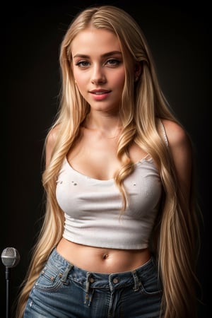 glamour photography of a stunning beautiful young woman, aged 25,long blonde hair, wearing blouse and jeans, singing with a microphone in her hand, (upper body:1.2), on a stage with an outstanding sparkling background, dramatic rim lighting, (shot from a dutch angle:1.5)