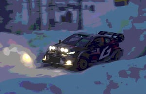8K quality animation, (high resolution animation), super high resolution rendering, snowy road background, rally car running on a snowy road, many headlights, snowy road illuminated by lights, (rally car), many flag