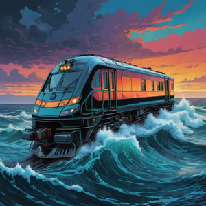 A black chrome train on sea waves during a storm, open water, dramatic sky, high seas, ominous waves, bright colors, breathtaking, epic, high quality, sharp details, HD, aesthetic, concept art, breathtaking, 8k resolution,