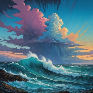 clear blue water, dramatic sky, high seas, storm, ominous waves, rain, threatening sky, epic, bright colors, breathtaking