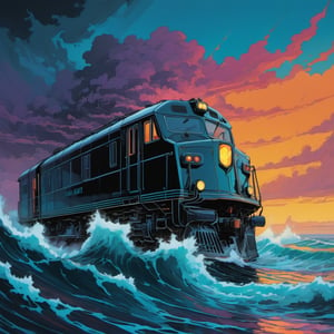 A black chrome train on sea waves during a storm, open water, dramatic sky, high seas, ominous waves, bright colors, breathtaking, epic, high quality, sharp details, HD, aesthetic, concept art, breathtaking, 8k resolution,