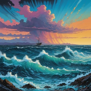 high seas, clear blue water, dramatic sky, high seas, storm, ominous waves bright colors, breathtaking