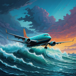 A plane on sea waves during a storm, open water, dramatic sky, high seas, ominous waves, bright colors, breathtaking, epic, high quality, sharp details, HD, aesthetic, concept art, breathtaking, 8k resolution,