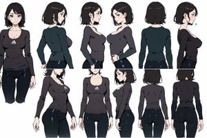 Anime and Manga style, Beautifull woman, mature woman, adult woman outfit, adult ilustration style,  long tshirt hood cover , wearing  tight yoga leggings, smile, beautifull face,  balanced body, detailed face,(bigbreast), perfect hips , character sheet style, 1girl, round breasts, looking at viewer, short hair, perfect breasts, simple background,dark brown hair, shirt, long sleeves, white background,  green eyes, standing, jacket, perfect ass, earrings, looking back, pants, off shoulder, aqua eyes, multiple views, denim, various photo poses,  various face expressions, sexy neckline, crossed arms, over hands, red and black colors, (multiple views ((front view) and (back view)=, side view), ((front face view, side face view, back face view, upper face view, down face view)) ,midjourney