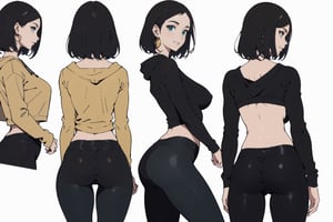 Anime and Manga style, Beautifull woman, mature woman, adult ilustration style,  long tshirt hood cover , wearing  tight yoga leggings, smile, beautifull face,  balanced body, detailed face,(bigbreast), perfect hips , character sheet style, 1girl, round breasts, looking at viewer, short hair, perfect breasts, simple background,dark brown hair, shirt, long sleeves, white background,  green eyes, standing, jacket, perfect ass, earrings, looking back, pants, off shoulder, aqua eyes, multiple views, denim, various photo poses,  various face expressions, sexy neckline, crossed arms, over hands, red and black colors, (multiple views ((front view) and (back view)=, side view), ((front face view, side face view, back face view, upper face view, down face view)) ,midjourney