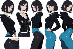 Anime and Manga style, Beautifull woman, mature woman, adult woman outfit, adult ilustration style,  long tshirt hood cover , wearing  tight yoga leggings, smile, beautifull face,  balanced body, detailed face,(bigbreast), perfect hips , character sheet style, 1girl, round breasts, looking at viewer, short hair, perfect breasts, simple background,dark brown hair, shirt, long sleeves, white background,  green eyes, standing, jacket, perfect ass, earrings, looking back, pants, off shoulder, aqua eyes, multiple views, denim, various photo poses,  various face expressions, sexy neckline, crossed arms, over hands, red and black colors, (multiple views ((front view) and (back view)=, side view), ((front face view, side face view, back face view, upper face view, down face view)) ,midjourney