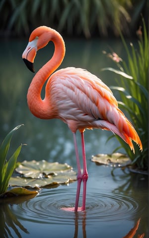 (best quality,8K,highres,masterpiece), ultra-detailed, (flamingo), a majestic flamingo standing gracefully amidst a tranquil wetland habitat. The flamingo's elegant posture and vibrant plumage are rendered with meticulous detail, capturing the beauty and grace of this iconic bird. The wetland backdrop is lush and serene, with tall grasses and gentle ripples in the water adding to the natural ambiance of the scene. The composition invites viewers to admire the flamingo's elegance and the tranquility of its surroundings.