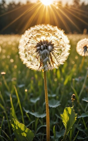 (best quality,8K,highres,masterpiece), ultra-detailed, (beam of light illuminating a dandelion flower in a vibrant flower-filled field), a breathtaking scene where a beam of light shines down to illuminate a single dandelion flower in the midst of a beautiful and vibrant flower-filled field. The focus is on the interplay between the vibrant colors of the light and the delicate beauty of the dandelion flower. Every detail of the scene is rendered with precision and care, capturing the enchanting atmosphere of the flower-filled field bathed in the warm glow of the sunlight. The composition is both serene and captivating, inviting viewers to marvel at the beauty of nature's radiance.