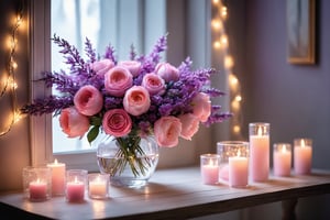 (best quality,8K,highres,masterpiece), ultra-detailed, (vase with pink and purple flowers), a vase filled with delicate pink and purple flowers, illuminated by a string of lights behind it. The flowers are arranged beautifully within the vase, their petals capturing the soft light from the string of lights, creating a serene and enchanting scene. The composition focuses on the elegance and beauty of the flowers, with the string of lights adding a touch of whimsy and magic to the setting.
