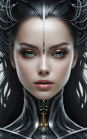 (best quality,8K,highres,masterpiece), ultra-detailed, (surreal portrait of flawless Android beauty), a flawless Android beauty portrayed in a surreal portrait style using hand-tinted acrylics. The portrait showcases a hyper-detailed face with flawless black shiny eyes, exuding an otherworldly allure. The Android's long, messy "hair" consists of intricate circuitry patterns, adding to the surreal and futuristic aesthetic. Rendered in the style of Gabriel Pacheco, the portrait is a stunning masterpiece with perfect composition and beautiful hyper-detailing. Every aspect of the Android's appearance is depicted with hyper-realism, capturing the intricacies of her features with sharp focus and high-quality execution. Feel free to add your own creative touches to enhance the surreal beauty and artistic impact of this captivating portrait.