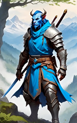 (best quality,8K,highres,masterpiece), ultra-detailed, (tall blue-skinned Firbolg wearing full plate armor and a leafy cloak, holding a transparent katana, standing on a mountain), a majestic scene where a towering blue-skinned Firbolg stands atop a rugged mountain, clad in full plate armor adorned with intricate designs. The Firbolg is draped in a leafy cloak that billows in the mountain breeze, adding to their imposing presence. In their hand, they wield a transparent katana, its ethereal glow contrasting against the natural surroundings. The mountain landscape stretches out below them, with craggy peaks and rolling hills shrouded in mist. The composition captures the sense of strength and tranquility as the Firbolg gazes out over the vast expanse of the mountain wilderness.