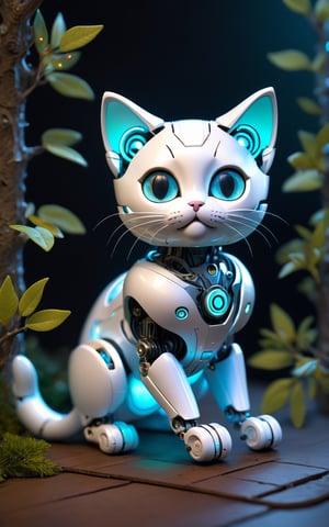 (best quality,8K,highres,masterpiece), ultra-detailed, (tiny robot kitten with oversized glowing eyes), a adorable tiny robot kitten with sleek metallic fur and oversized glowing eyes that radiate with vibrant light. Its body is adorned with soft, vibrant pastel colors, adding to its whimsical charm. The kitten is curled up in a playful pose, exuding a sense of innocence and curiosity. In the background, a minimalist circuit-board tree stands tall, with illuminated branches and leaves casting a soft glow. The juxtaposition of the robotic kitten against the organic elements of the tree creates a whimsical and playful atmosphere. Every detail of the scene is meticulously rendered, capturing the intricate beauty of the robotic kitten and the fantastical nature of its surroundings. Feel free to add your own creative touches to enhance the whimsy and detail of this captivating artwork.