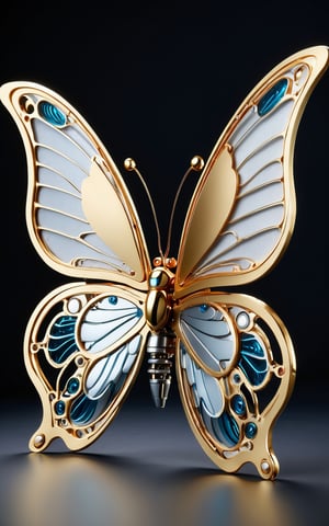 (best quality,8K,highres,masterpiece), ultra-detailed, (futuristic robotic butterfly), a robotic butterfly adorned with futuristic armor. The butterfly's wings are crafted from sleek metallic materials, with intricate patterns and designs reminiscent of advanced technology. Its body is encased in futuristic armor, adding to its robotic appearance and enhancing its strength and durability. Despite its mechanical nature, the butterfly retains the delicate beauty and graceful movements of its organic counterpart, creating a mesmerizing fusion of nature and technology.