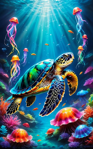 (best quality,8K,highres,masterpiece), ultra-detailed, (rainbow slider turtle swimming with neon jellyfish and glowing stones), a rainbow slider turtle gracefully swimming amidst a school of colorful neon jellyfish, with glowing stones scattered along the seabed. The turtle's shell exhibits a mesmerizing array of rainbow colors, while the jellyfish glow with vibrant neon hues, casting an ethereal light in the dark depths of the ocean. The glowing stones add to the mystical ambiance of the scene, illuminating the underwater world with their soft and enchanting glow. The composition is both magical and serene, inviting viewers to immerse themselves in the beauty of this underwater wonderland.