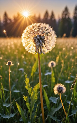 (best quality,8K,highres,masterpiece), ultra-detailed, (beam of light illuminating a dandelion flower in a vibrant flower-filled field), a breathtaking scene where a beam of light shines down to illuminate a single dandelion flower in the midst of a beautiful and vibrant flower-filled field. The focus is on the interplay between the vibrant colors of the light and the delicate beauty of the dandelion flower. Every detail of the scene is rendered with precision and care, capturing the enchanting atmosphere of the flower-filled field bathed in the warm glow of the sunlight. The composition is both serene and captivating, inviting viewers to marvel at the beauty of nature's radiance.