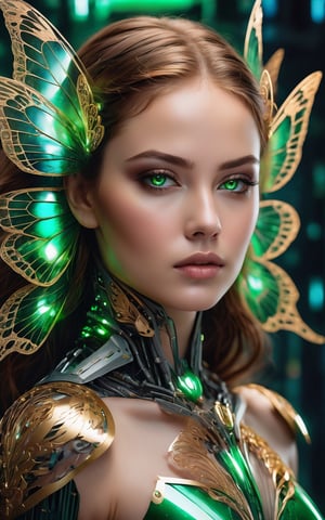 (best quality,8K,highres,masterpiece), ultra-detailed, (portrait of a stunning beauty woman, a beautiful cyborg with brown hair and sharp green eyes), a breathtaking portrait capturing the essence of a beautiful cyborg woman. She possesses brown hair cascading in elegant waves, framing her sharp green eyes that shimmer with intensity. Every detail of her appearance is meticulously crafted, from the intricate cybernetic enhancements to the majestic aura that surrounds her. Digital photography is utilized to capture the realism and detail of the portrait, ensuring every aspect of her beauty is captured with precision. Adorning her cybernetic form are delicate gold butterfly filigree and fairy wings, adding an ethereal and enchanting quality to her appearance. The scene is further enhanced by the presence of broken glass, hinting at the complexities of her existence and the duality of beauty and technology. This artwork is a masterpiece of elegance and sophistication, inviting the viewer to marvel at the fusion of humanity and machine in this captivating cyborg portrait.