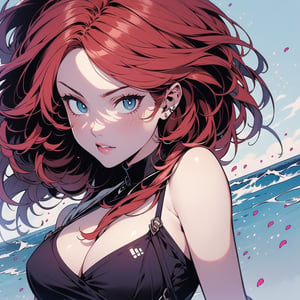 ((masterpiece))),((best quality)), 8k, high detailed, ultra-detailed BREAK A beautiful young woman with sky blue eyes and wavy red hair, fair and smooth skin, pink lips, toned body, athletic and strong ((redhead:1.1)), long hair, blue eyes, slim.
