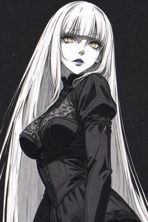 A detailed pencil drawing of a beautiful woman with fair skin and long, straight black hair styled in a hime cut, with a blunt fringe. She has yellow eyes and purple lips, and a sinister expression. The background is solid black, making her features stand out dramatically. The drawing features fine lines, intricate shading, and a high contrast between the light and dark areas, giving it a gothic and suspenseful feel.