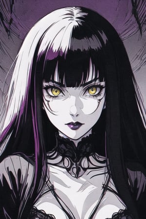A detailed pencil drawing of a beautiful woman with fair skin and long, straight black hair styled in a hime cut, with a blunt fringe. She has yellow eyes and purple lips, and a sinister expression. The background is solid black, making her features stand out dramatically. The drawing features fine lines, intricate shading, and a high contrast between the light and dark areas, giving it a gothic and suspenseful feel.