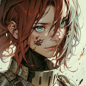 With a look full of sadness giving a cry of fury, a dazzling young woman with green eyes, short and disheveled red hair, pale complexion and athletic figure wears worn armor.