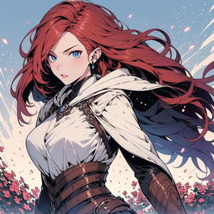 ((masterpiece))),((best quality)), 8k, high detailed, ultra-detailed BREAK A beautiful young woman with sky blue eyes and wavy red hair, fair and smooth skin, pink lips, toned body, athletic and strong. Dressed in white leather armor and white hood, she is a female paladin in the service of light ((red hair:1.1)), long hair, blue eyes, slender. Masanori Waragai's style
