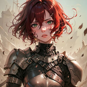 With a look of horror and tragedy. A beautiful young woman with green eyes, short messy hair, red hair, fair skin, toned body, dressed in gray armor.