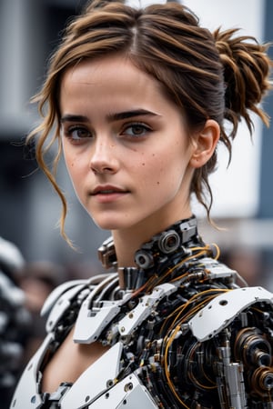 candid mid shot photo of beautiful age 18 girl, skswoman, Emma Watson, loose wires, mechanical, brown hair, messy bun, freckles, sexy, beautiful, dslr, 8k, 4k, ultrarealistic, realistic, natural skin, textured skin,Movie Still,cyborg style,mecha,