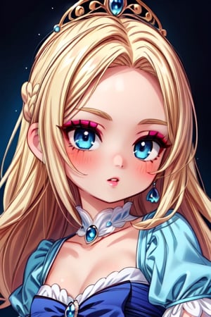 2d, masterpiece, best quality, anime, highly detailed face, highly detailed eyes, highly detailed background, perfect lighting, 1girl, solo_female, blonde longhair,  blueeyes, make-up, kiss makeup, cinderella dress, 