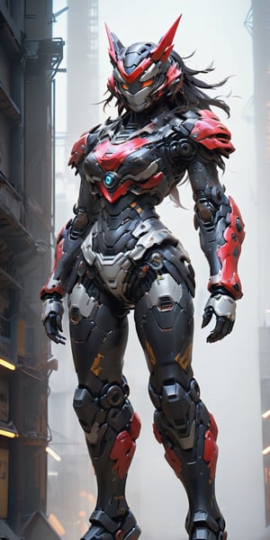 ((Best quality)), ((masterpiece)), (detailed: 1.4), Dark_fantasy, Cyberpunk, (Mecha made entirely of black adamantine, Black and red:1.1), 1girl, Mechanical Wonder, Robotic presence,cybernetic guardians, Masterpiece, full body shot, dynamic pose, highly detailed, At night, head_gear, shadowy, 8K, Mecha mask, Laser tool, feminine body structure