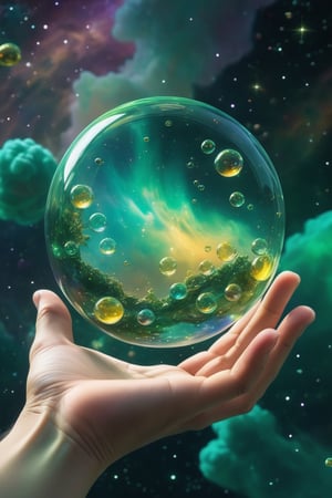 a hand holding a bunch of glass bubbles in a cosmos space full of stars and vibrant clouds, volumetric light, green and yellow colors, digital art, artstation 