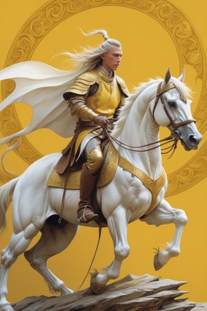 horse rider, in the style of cinematic montages, dragon art, franciszek starowieyski, yellow and white, john howe, hyper-realistic details, himalayan art 