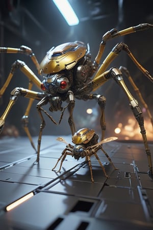A Spider and Wasp ::5 hyper-realistic robot insects fight in a futuristic game pit, the battle is a re-interpretation of the classic natural battle between the Wasp and the Spider represented by cyber-insects ::4 bio-mechanic, precision-engineered metallic legs, detailed iridescent cyber-wings, intricate mechanics, metallic, translucent, dramatic lighting, hyper futuristic, digital art 