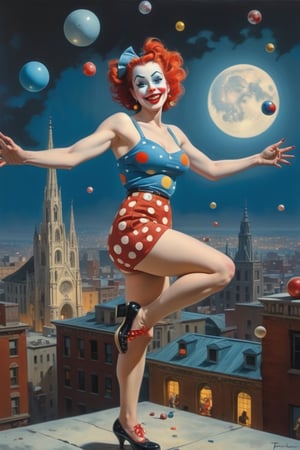 full body, girl, woman, clown, pin-up, crowded city background, kind smile, happy, generous, cathedral in background, juggling balls, leggings, polka-dots, ominous sky, full moon, partially clowded sky, Volumetric lighting, hyper realistic, painted by frank frazetta, oil painting