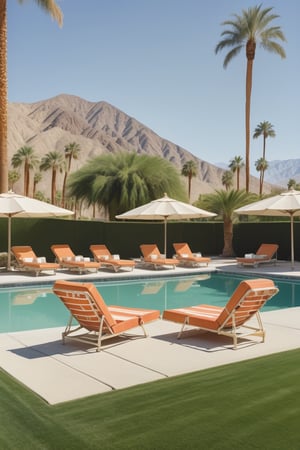 Photorealistic photo of tigers lounging around an outdoor pool with lawn chairs and umbrellas in Palm Springs, California. The background is a desert landscape with palm trees.