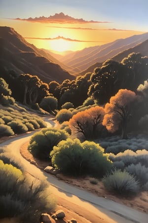 lifelike painting of los padres national forest at sunset 