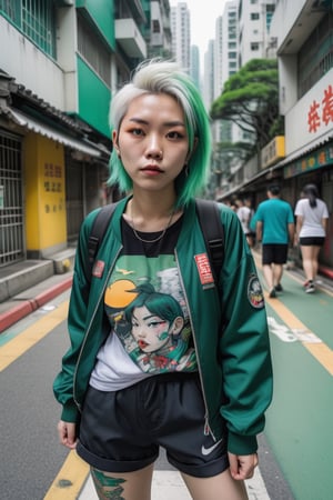 The girl with the white hair,wearing a dark green Yokosuka jacket on top, black casual shorts underneath, colorful tattoos all over his calves, Nike sneakers, beer in his hand, on the streets of Hong Kong, American comic book style, colorful contrasting color scheme, fisheye lens, gopro shot