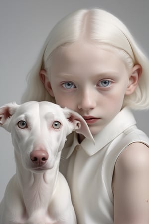 white hound leaning against a albino girl facing front, symmetry, naturalistic animal portraits, schlieren photography, anne dewailly, white and white, soft-focus portraits, hyperrealistic wildlife portraits, glamourous, vogue, insanely detailed, 32k, white solid color background, close-up of eye, front view 